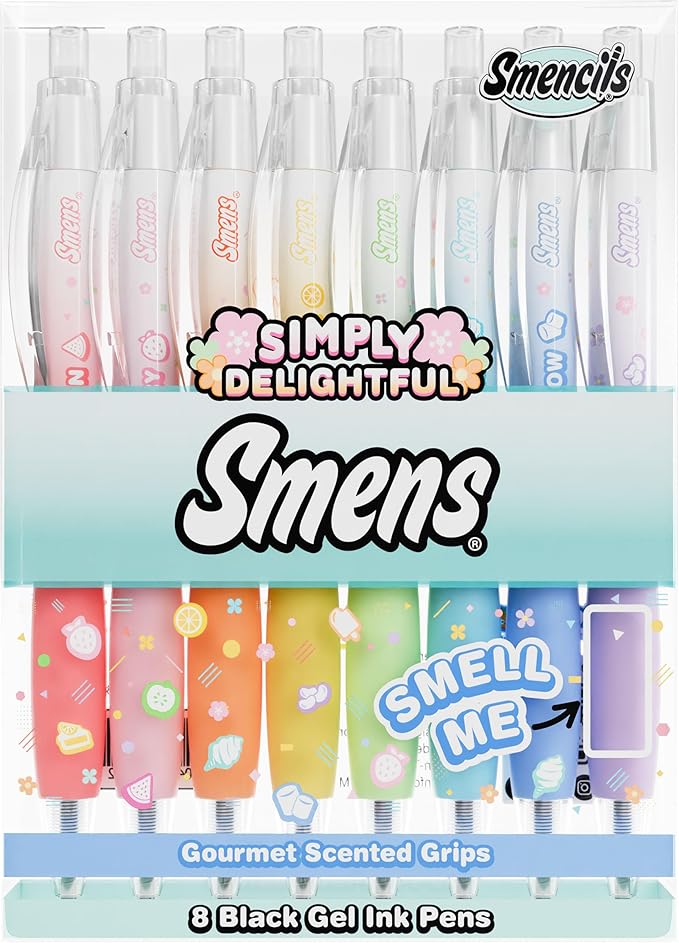 Simply Delightful Smens - Patented Gourmet Scented Black Gel Ink Pens, Medium Point, 8 Count - Fun, Cute, Cool, Smelly Pens for Kids