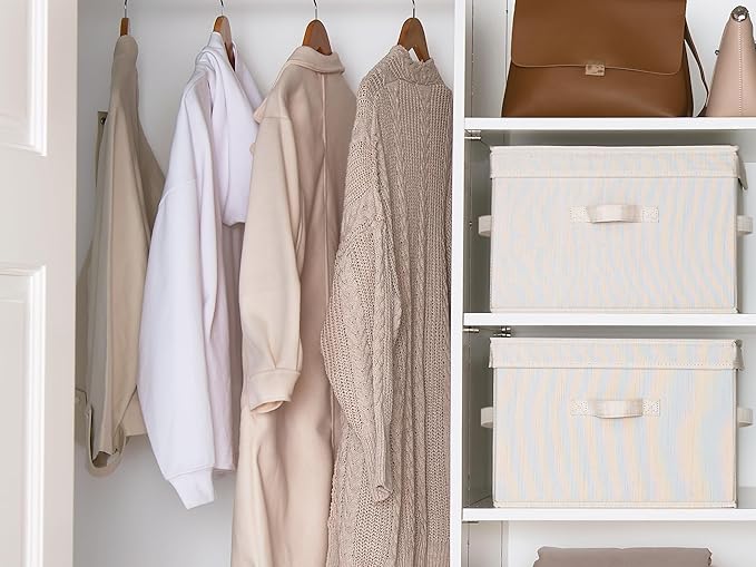 StorageWorks Fabric Storage Bins with Lid, Decorative Storage Boxes for Shelves, Stackable Closet Organizer Basket with Handles, Large, Mixing of Beige, White & Ivory, 2-Pack