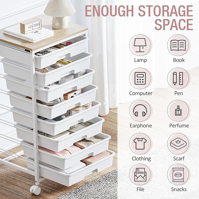 Storage Cart with 8 Drawers, Utility Cart with White Drawers and Wooden Tabletop, Craft Cart, Teacher Organization for Classroom,White