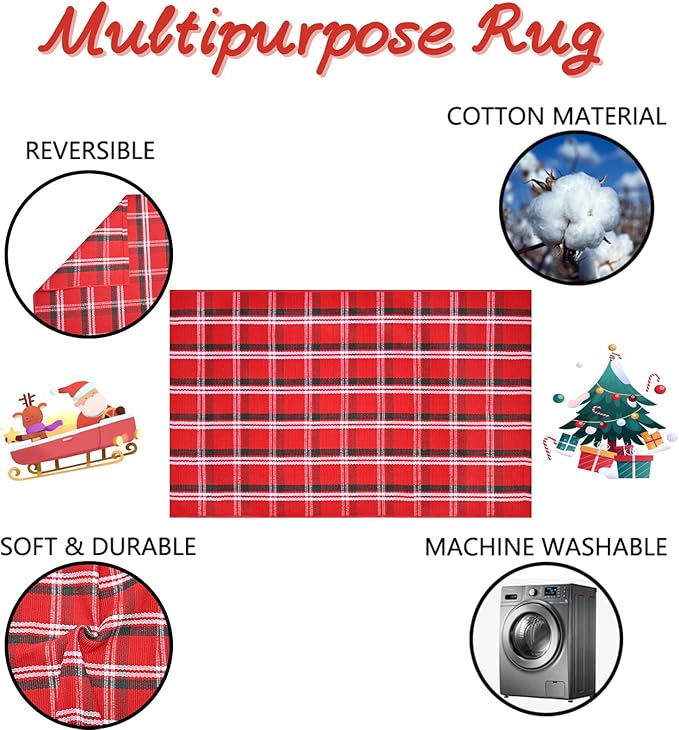 Christmas Red Green White Plaid Rug, 4' x 6' Cotton Hand-Woven Buffalo Check Layered Door Mat for Front Porch, Entryway, Outdoor Holiday Decor, Washable Farmhouse Rug for Home, Patio, Kitchen