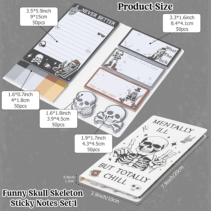 Xqumoi Funny Skull Skeleton Sticky Notes Set - Black White Gothic Skeleton Self-Stick Note Pads Halloween Hippie Notepads Writing Memo Pad Page Marker Bookmarker Index School Office Supplies Gift