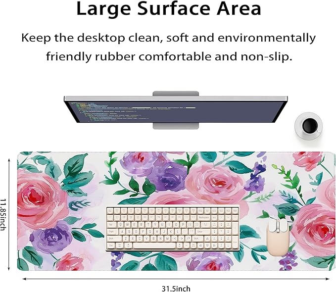 31.5”x11.8”Large Gaming Mouse Pad for Desk, Mouse Mat with Seamed Edges, Waterproof Desk Pad, Non-Slip Rubber Base, Keyboard Pad Computer Mat, Big XL Mousepad-Rose Watercolor Painting