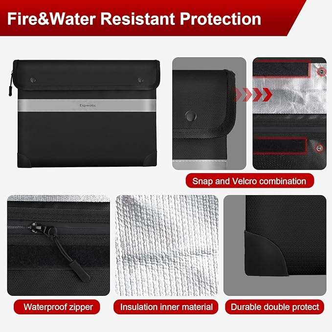 Fireproof Document Bag – 5200°F Heat-Resistant, 14.2" x 10.6" Waterproof Money Pouch with 8-Layer Protection, Zipper and Snap Closure, Reflective Strip for Quick Access, Black