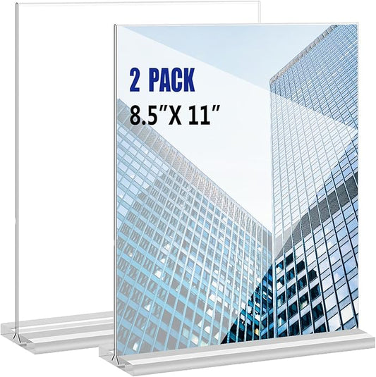 Acrylic Sign Holder 8.5x11 Inches 2 Pack T Shape Desktop Display Stand Vertical Double Sided Clear Table Menu Flyer Holder for Restaurants, Office, Shop, Wedding