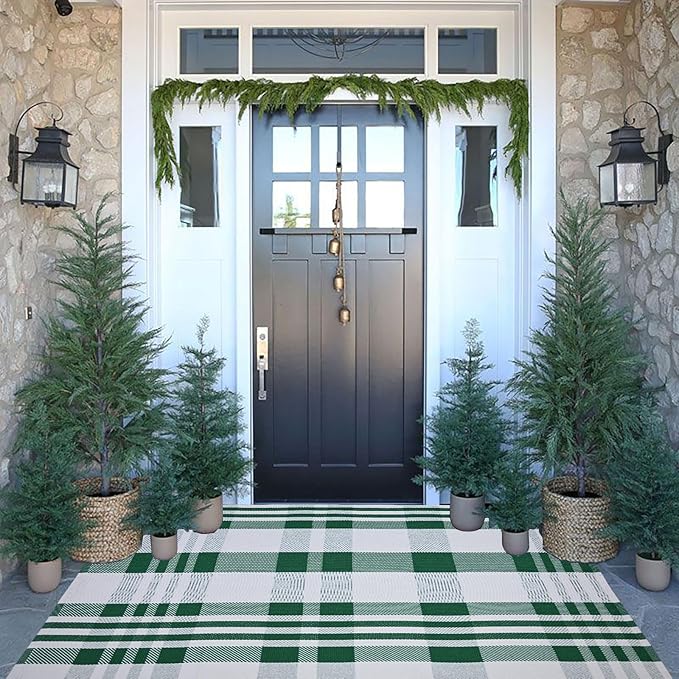 Christmas Door Mat Outdoor 3' x 5' Green and White Plaid Rug Christmas Decor Rug Cotton Hand-Woven Layered Door Mats Washable Carpet for Front Porch, Kitchen, Farmhouse, Entryway