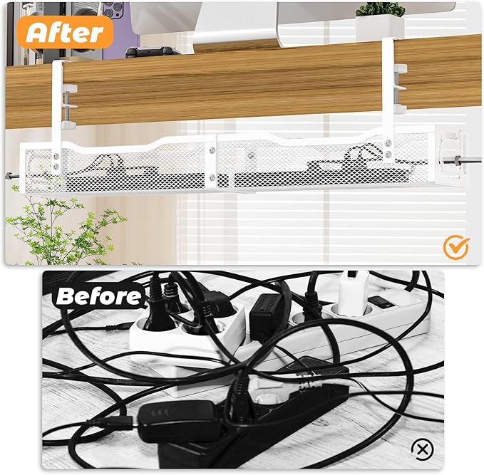 Under Desk Cable Management Tray, No Drill Steel Desk Cable Organizers, Wire Management Tray Cable Management Rack (24.4" Length-White)