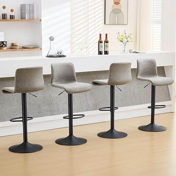 HeuGah Swivel Bar Stools Set of 4, Counter Height Bar Stools with Back, Adjustable Bar Stools 24" to 32", Gray Faux Leather Bar Chairs for Kitchen Island (Gray, Set of 4 (24'' to 32''))