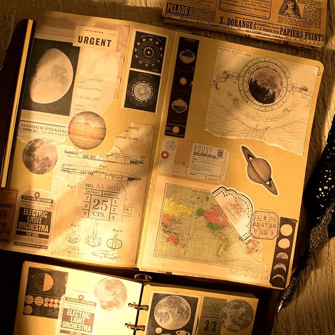 200Pcs Vintage Scrapbook Stickers, Aesthetic Junk Journal Stamping Supplies Kit, Scrapbooking Ephemera Washi Paper for Bullet Journaling Planners Diary Collage (Celestial)