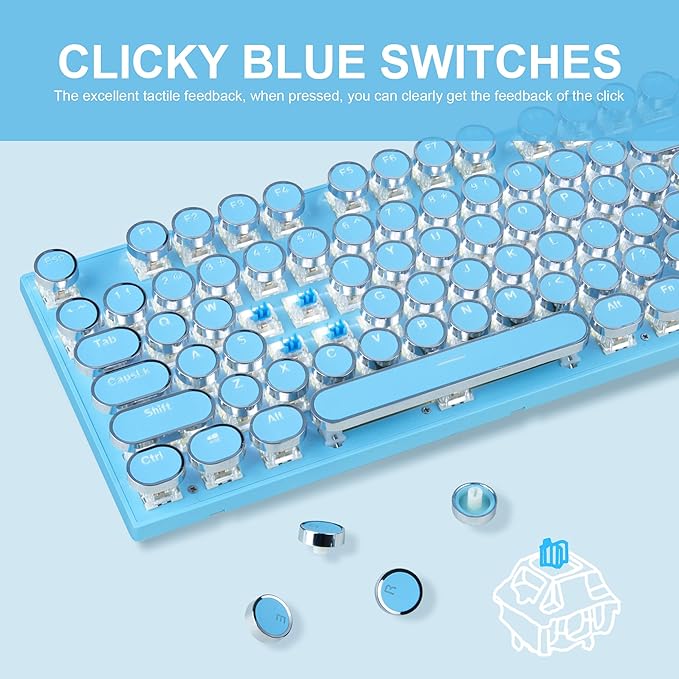 Typewriter Style Mechanical Gaming Keyboard,Retro Punk Gaming Keyboard with White Backlit, 104 Keys Blue Switch Wired Cute Keyboards with Detachable Wrist Rest,Blue Keyboards for Office/PC/Laptop