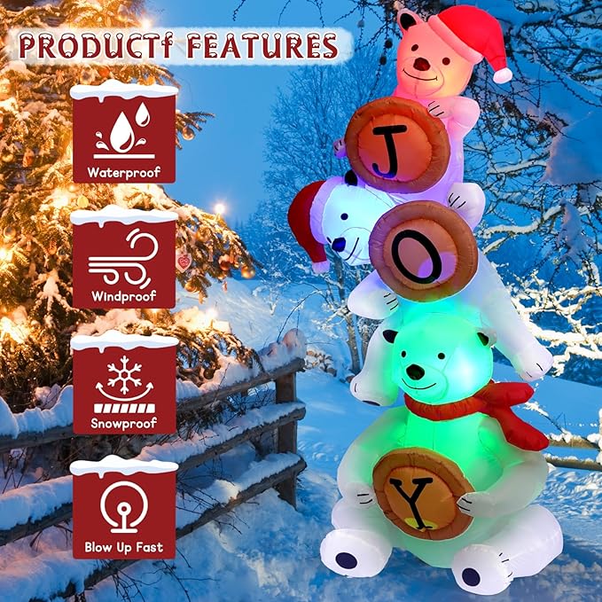 Outdoor Christmas Inflatable Decorations,8FT Christmas Inflatables Polar Bear, Outdoor Christmas Decorations with Built-in Flashing LED Lights, Blow Up Yard Decor for Lawn Garden Xmas Party