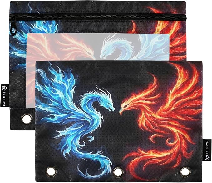 Dragon Phoenix Pencil Pouch for 3 Ring Binder, 2 Pack Waterproof Pencil Bags Clear Window Zipper School Office Supplies