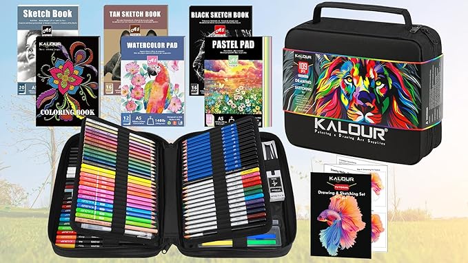109 Drawing Set Sketching Kit, Pro Art Supplies with Fluorescent, Colored, Watercolor, Metallic, Graphite, Charcoal Pencils, 5 Sketchbook and Coloring Book, Gift for Artists Adults Teens Beginner