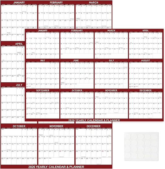 2026 Wall Calendar 24" x 36" Dry Erase Calendar for Wall from January 2026 to December 2026 12 Month Annual Large Yearly Wall Planner for Office School(Red)