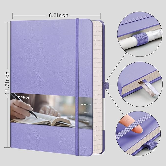 EMSHOI Notebook College Ruled - A4 Hardcover Leather Lined Journal, 192 Pages 100GSM Thick Paper, Large Diary for Women Men Work, School, Journaling, Writing - 8.3" x 11.7" - Light Purple