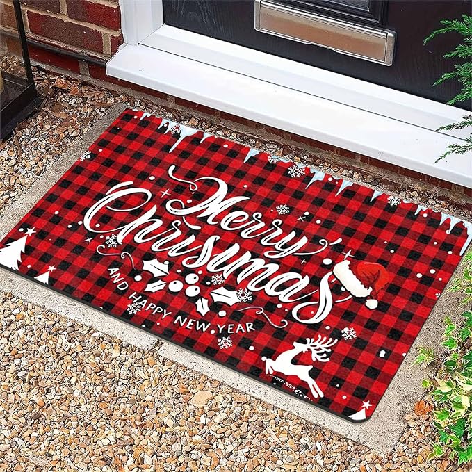 Merry Chirstmas Doormat Buffalo Plaid Door Mat for Front Door, Front Porch Rugs Easy Clean Welcome Mats Outdoor Rug Indoor Outdoor Winter Decor, 18" x 30"Inch