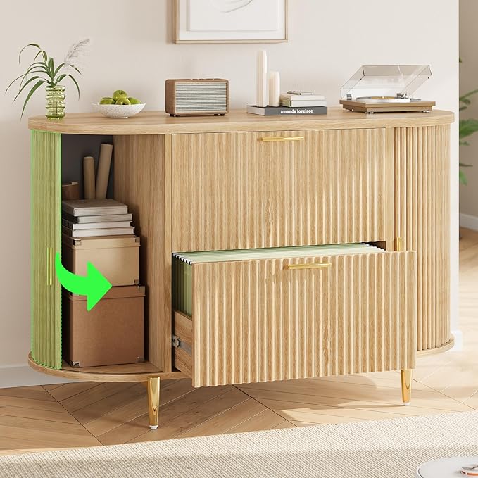 SEDETA 2 Drawer File Cabinet, 39.4" Filing Cabinet for Home Office, fit Legal/Letter/A4 Size, Modern Fluted Filing Cabinets with 2 Sliding Door Storage, Printer Stand, Natrual