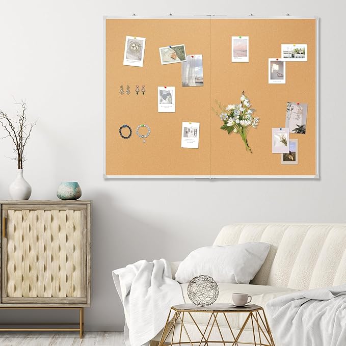 Double-Sided Large Cork Board, 48" x 36" Foldable Hanging Aluminum Framed Bulletin Board, Vision Board Pin Board Corkboards for Walls, Office, School Decor, 20 Pushpins