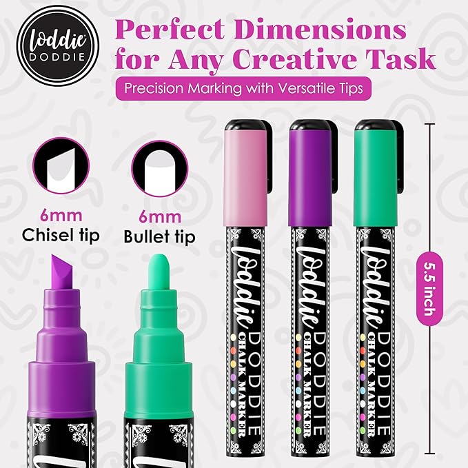 Loddie Doddie Chalk Markers - Pack of 16, 6mm Reversible Bullet & Chisel Tips - Non-Toxic Dust-Free Erasable Liquid Chalk Ink - Dry Erase Markers for Glass, Windows & Whiteboards