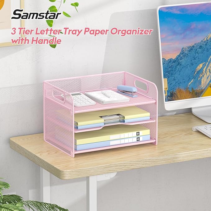 Samstar 3 Tier Pink Letter Tray Paper Organizer with Handle, Mesh Desk Organizer Paper Sorter File Rack Shelves, Pink