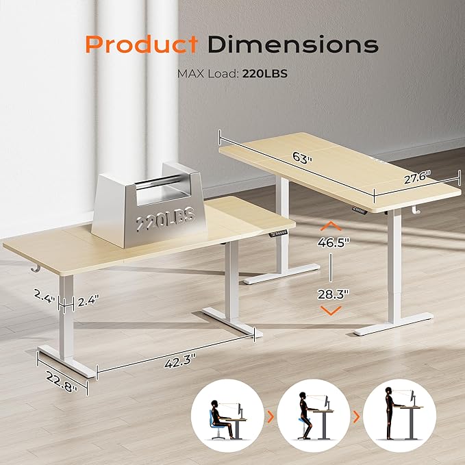 Huuger 63 x 28 Large Electric Standing Desk, Height Adjustable Computer Desk, 27.6" Deep Desktop, Stand up Gaming Office Table with 2 Hooks, 3 Preset Heights, for Home Office, Oak