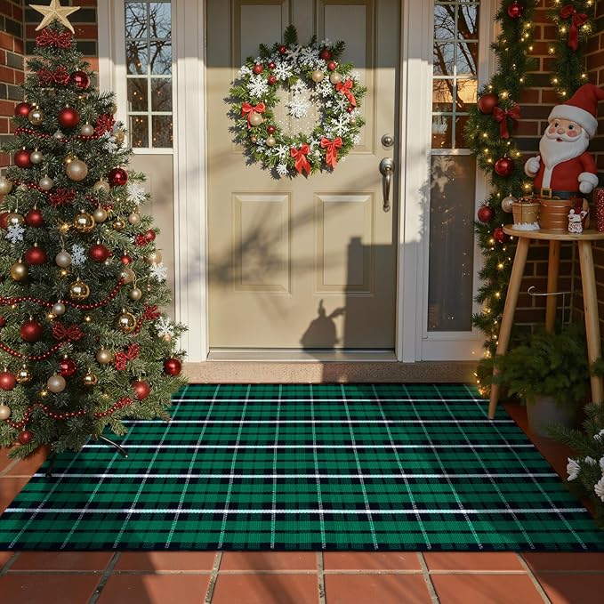 Christmas Door Mat Outdoor 35"x59", Green/Black Buffalo Plaid Front Porch Rug Cotton Hand-Woven Washable Layered Door Mats,Reversible Checkered Floor Rugs for Home Decor Outside
