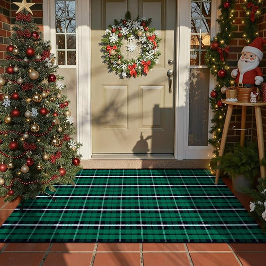 Christmas Door Mat Outdoor 35"x59", Green/Black Buffalo Plaid Front Porch Rug Cotton Hand-Woven Washable Layered Door Mats,Reversible Checkered Floor Rugs for Home Decor Outside