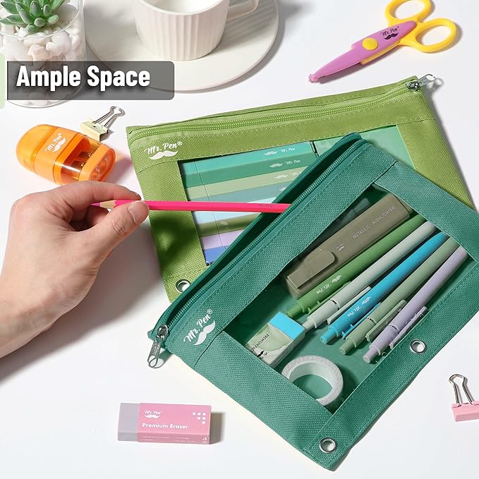 Mr. Pen- Pencil Pouch for 3 Ring Binder, 2 Pack, Green Shades, 3 Ring Binder Pencil Pouch