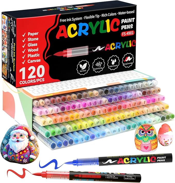 120 Colors Acrylic Paint Markers, Soft Brush Tip Acrylic Markers Set, Paint Pens for Wood, Fabric, Canvas, Glass, Stone, Canvas, Rock Painting and DIY Crafts Art Supplies