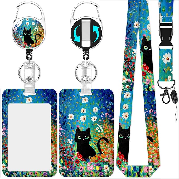 Lanyard with Id Holder, Oil Painting Flower cat Badge Holder with Retractable Lanyard, ID Holder with Badge Reel Clips, Animal Keychain Name Tag Teacher Women Doctor Office Gift
