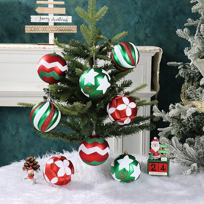 4 Inch Red Green White Christmas Ornaments, 12Pcs Large Shatterproof Christmas Bulbs Ornaments, Big Christmas Balls Hanging Decorations for Christmas Trees Holiday Parties Malls (Red & Green & White)
