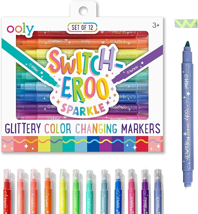 Ooly 12 Pack Sparkle Switch-eroo Color Changing Markers, Double Ended Chisel Tip Color Change Markers for Art Back to School Supplies, Drawing and Stationery Sets