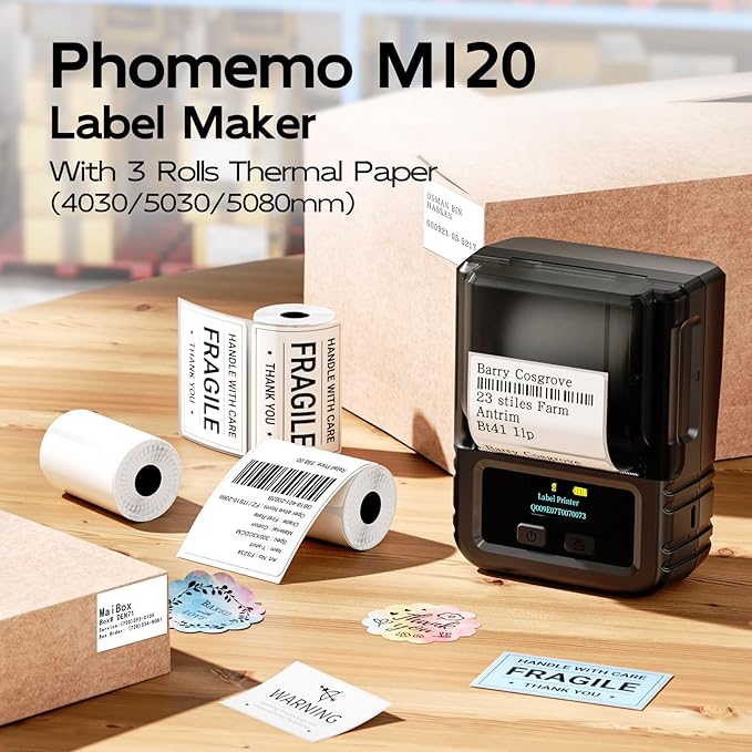 Phomemo Label Maker, 2 Inch Bluetooth Themal Label Printer with 3 Rolls Thermal Paper(4030/5030/5080mm), Inkless Labeler for Home, Bussiness, School, Office, Address, Sticker Printer for Phone & PC