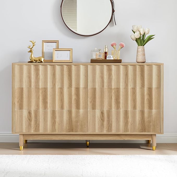 Fluted 6 Drawer Dresser, 53" Wide Modern Storage Chest of Drawers, Wood Drawer Organizer for Bedroom, Living Room, Hallway