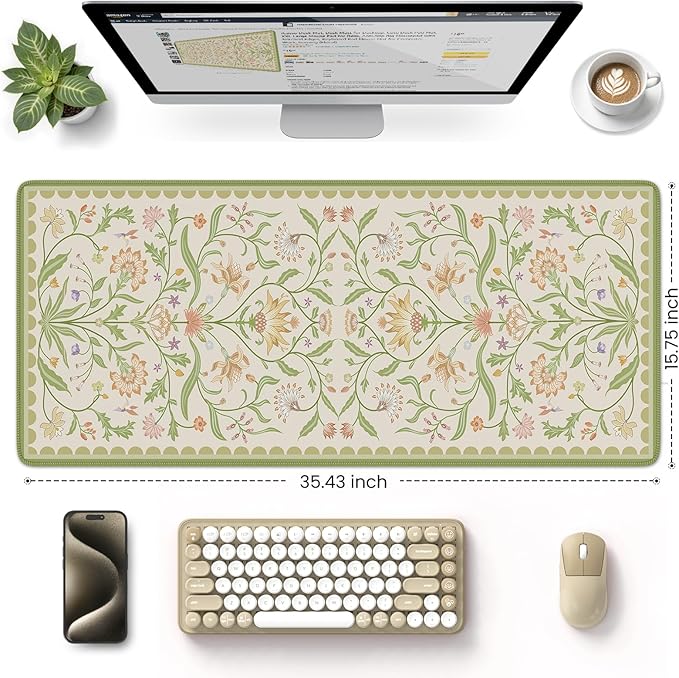 HAOCOO Light Green Iris Flower Desk Pad Mat, Non-Slip XXL Mouse Pad with Stitched Edges, Cute Floral Computer Mat, Elegant Desk Decor for Home, School, Office Accessories