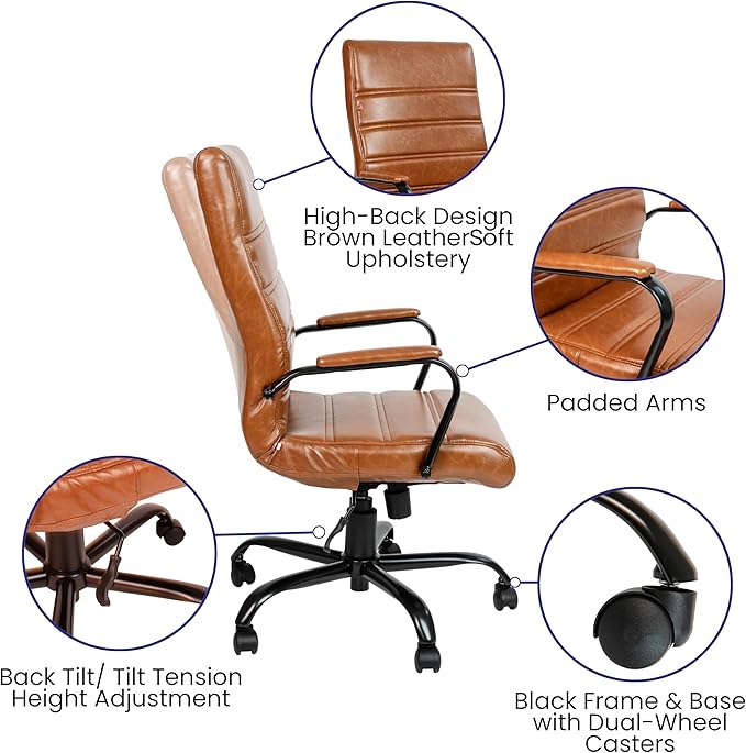 Flash Furniture Whitney High-Back Swivel LeatherSoft Desk Chair with Padded Seat and Armrests, Adjustable Height Padded LeatherSoft Office Chair, Brown/Black Gold