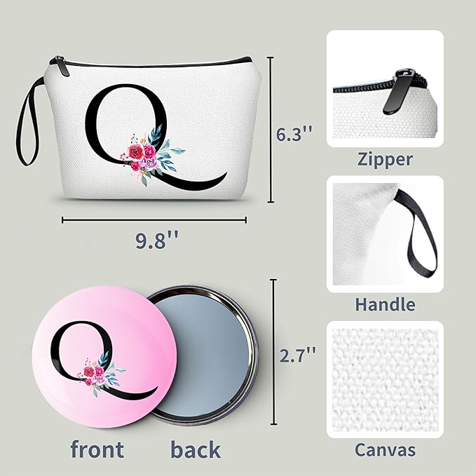 Initial Makeup Cosmetic Bag With Mirror Personalized Gifts Presents for Women Friends Mom Women Birthday Gift Ideas,(Q)