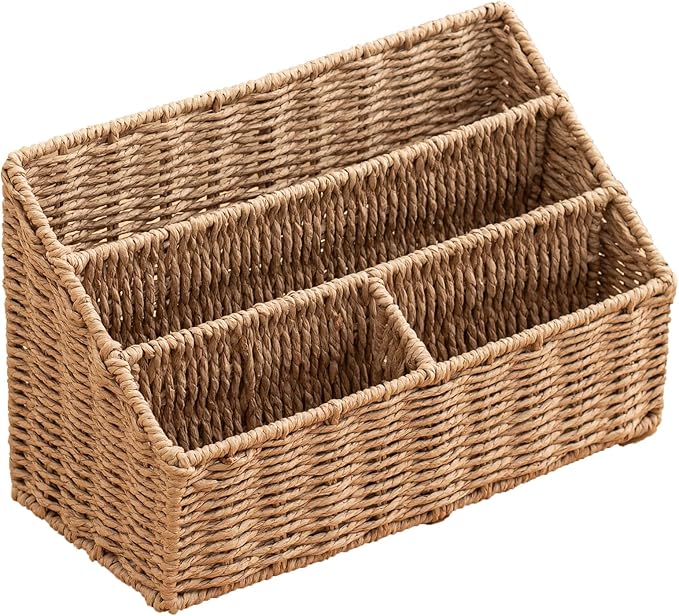 Woven Divided Storage Basket Desk Organizer Tabletop Mail Holder Countertop Paper Woven Basket Home Office Supplies (4 Compartments)