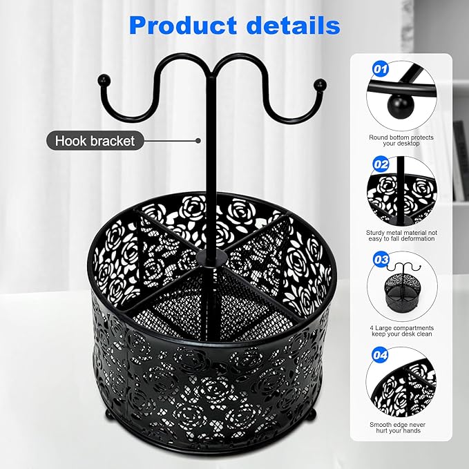 360 Degree Rotate Pen Holder for Desk Mesh Desk Pen Organizer Pencil Holder Large Capacity Accessories & Workspace Organizers for School,Home (Black rose lace pattern, With hook)