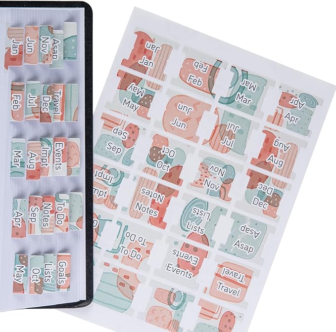DiverseBee Laminated Planner - 24 Peel and Stick Tabs (12 Monthly, 4 Blank) - Geometric Dividers