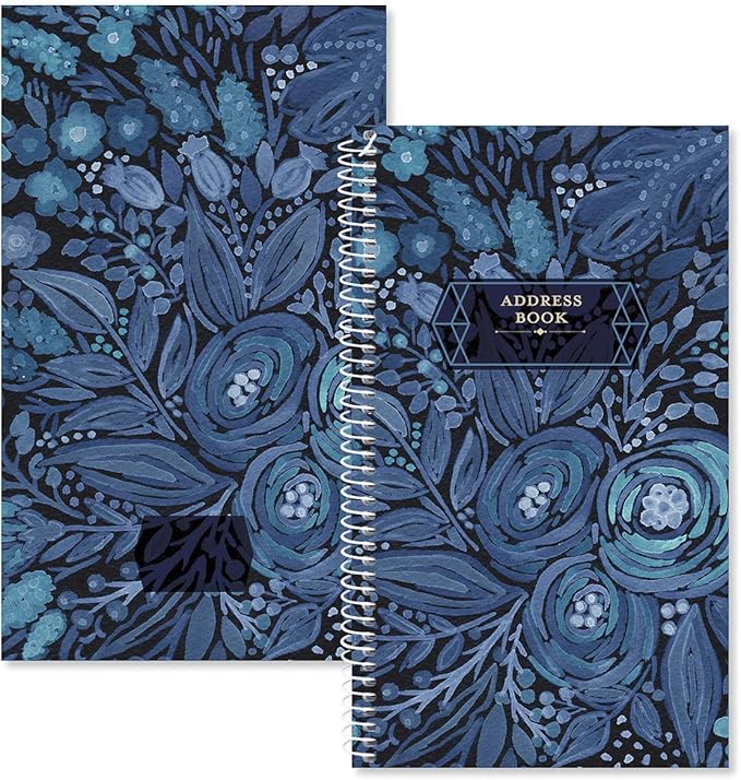 Navy Blossoms Address Book - 94 Pages; 5" x 8-1/2", Spiral-Bound, 50 Replacement Cover Stickers