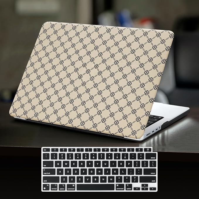 Compatible with MacBook Air 13 inch Case 2025 2024 2023 2022 M4 A3240 M3 A3113 M2 A2681, Luxury Checkered Textured Vintage Leather Plastic Hard Shell Case for MacBook Air 13.6 M4+Keyboard Cover, Beige