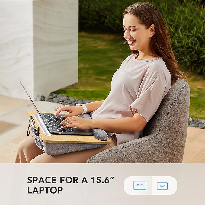 HUANUO Lap Laptop Desk - Portable Lap Desk with Pillow Cushion, Fits up to 15.6 inch Laptop, with Anti-Slip Strip & Storage Function for Home Office Students Use as Computer Stand - Light Wood