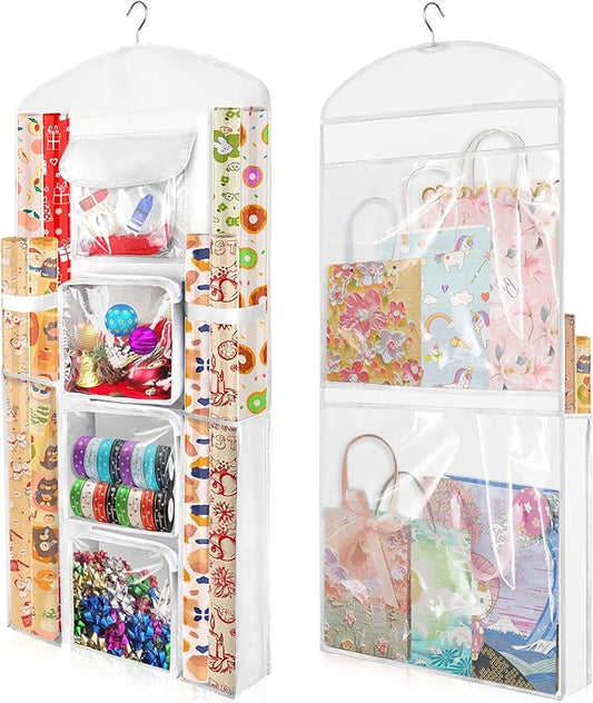 Hanging Gift Wrapping Paper Storage, 40"X17" White Double-Sided Christmas Wrapper Bag Container, Oxford Craft Roll Organizer, Present Wrap Holder for Bedroom Closet, Door, Cabinet