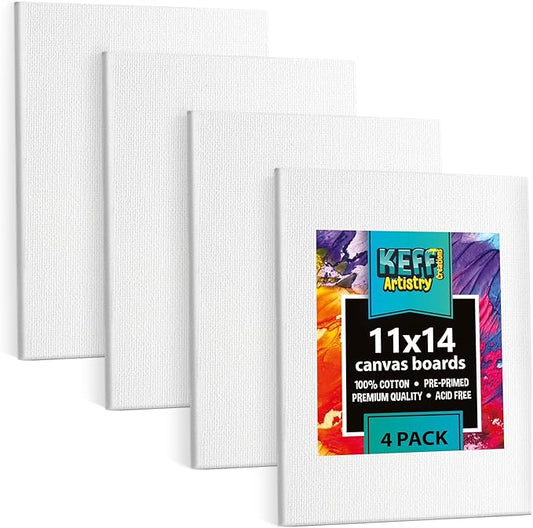 KEFF Canvas Boards for Painting - 11x14 4-Pack Art Paint Canvases - Bulk Canvas Panels Set - 100% Cotton Primed Painting Supplies for Acrylic, Oil, Watercolor & Tempera
