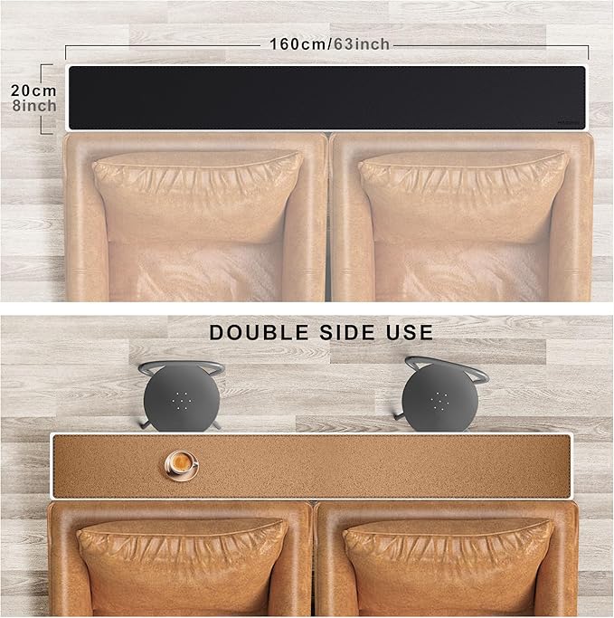 MAIDERN 63” x 7.9” Narrow Table Cover, Reversible Leather & Cork Console Table Mat, Long Slim Table Protector for Sofa Table, Entryway, Sideboard, Hallway, or Buffet Table (Black)