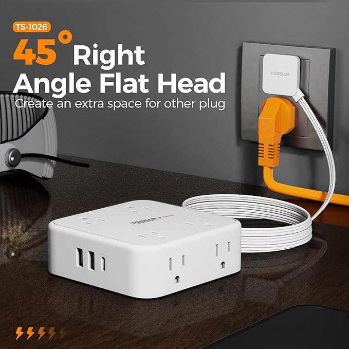 Extension Cord with Multiple Outlets, TESSAN 10 FT Surge Protector Power Strip Flat Plug, 8 AC Outlets, 900J 3 USB Ports (1 USB C), Desk Charging Station with Protection for Home, Office, Dorm Room