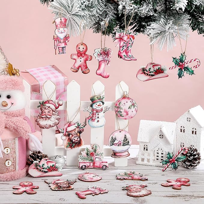 Huwena 36 Pcs Pink Christmas Ornaments Wooden Western Christmas Decorations for Tree Nutcracker Gingerbread Man Cowgirl Boots Hat Wood Cutouts Tags with Ropes Winter Decor for Xmas Tree Wreath Gifts