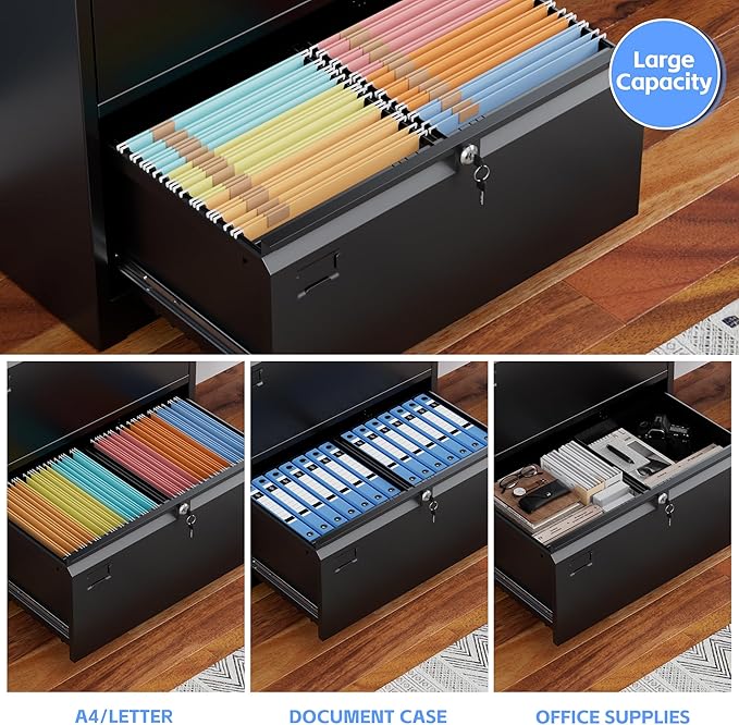 Metal 4 Drawer Lateral File Cabinet with 4 Lock - Wide Filing Cabinet for Letter/Legal/F4/A4 Hanging Files - Includes Business Card Holder,Home Office School Storage,Black