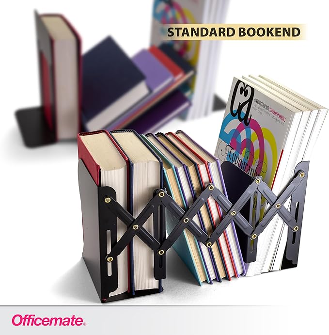 Officemate Adjustable Bookends, Expandable 4"-18", Black.