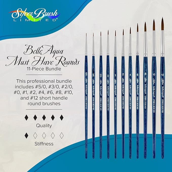 Silver Brush Limited BA-2751S BelleAqua Endless Expression 11pc Round Watercolor Brush Set, Professional Soft Synthetic Red Sable Round Paint Brush Set, Sizes 5/0, 3/0, 2/0, 0, 1, 2, 4, 6, 8, 10, & 12